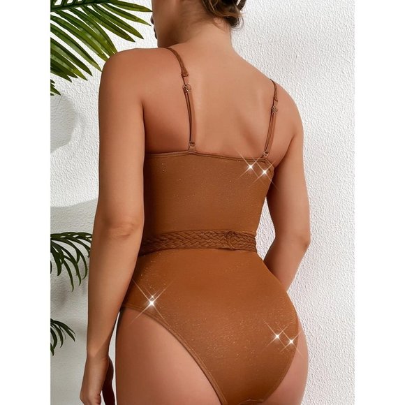 NEW Ruched Ring Linked Belted One Piece Swimsuit M - Picture 2 of 7